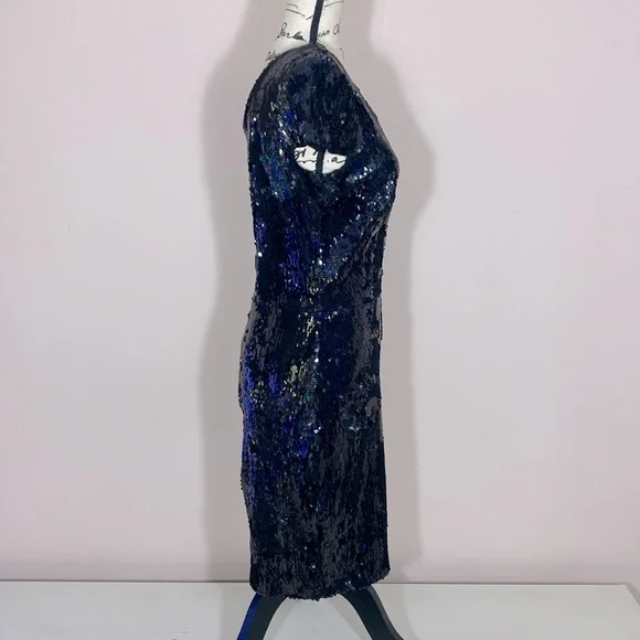 NWT Dress the Population Zoe Cap Sleeve Plunging Sequin Mini Dress black L - Picture 7 of 9